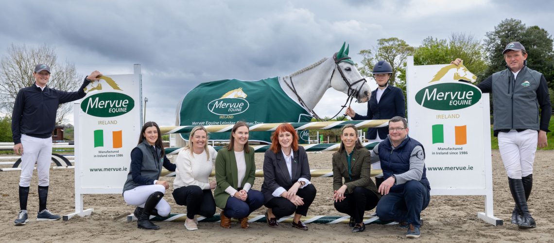 L to R- Jack Ryan, Taylor Cummins (Mervue Equine brand ambassadors), Marguerite Ryan, Hilda Keane (Showjumping Ireland), Rebecca O’Driscoll (Mervue Equine Marketing Manager), Ciara Watt (Mervue Equine Head of Sales), Emily Moloney (Mervue Equine brand ambassador) Melvyn Kennedy (Showjumping Ireland) Eddie Moloney (Warrington Equestrian and Mervue Equine brand ambassador)